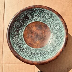 Vintage Embossed Brown & Turquoise Metal Dish 10" X 4.5” Tabletop Centerpiece